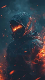 Ember-eyed wanderer stalks the storm in a burning hood