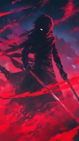 Hooded dual‑blade assassin framed by turbulent red energy field