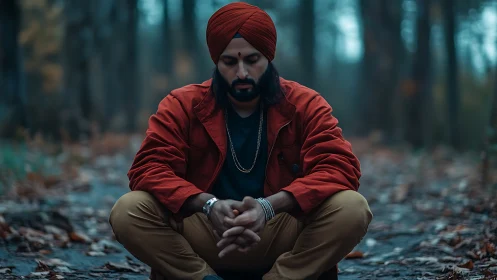 Forest silence folds around a meditative soul in ember tones