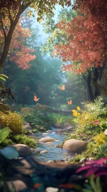 Sunlit forest creek sparkles beneath fluttering orange butterflies