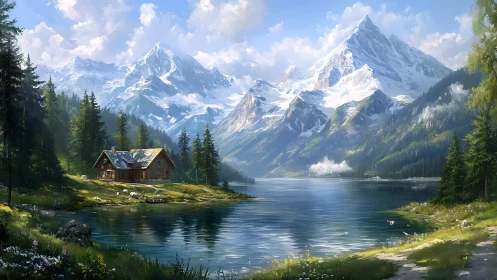 Alpine lakeside cabin beneath expansive snowcapped peaks.