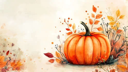 Autumnal watercolor pumpkin with botanical surround composition.