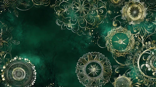 Emerald night mandalas bloom in filigreed golden orbits.