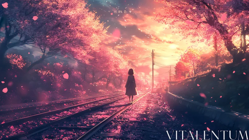 Solitary figure on railway under dense pink blossom canopy.