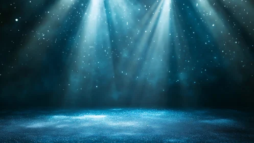Blue stage floor under ethereal white spotlight beams.