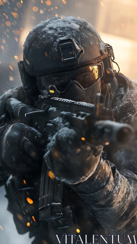 Snow-covered tactical soldier aims rifle under flying sparks