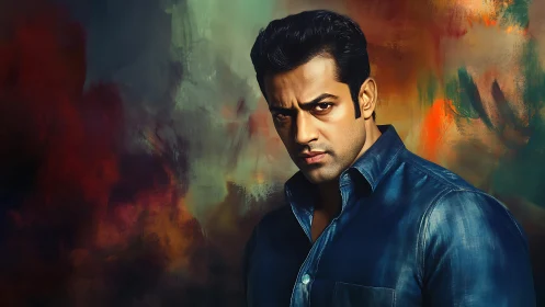 Stormy stare against a glowing painted backdrop.