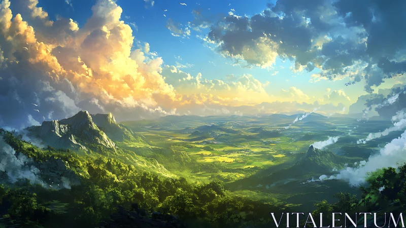 Wide dynamic range landscape renders volumetric clouds and valleys
