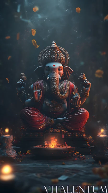 Ganesh idol in cinematic low-key lighting with ember glow.