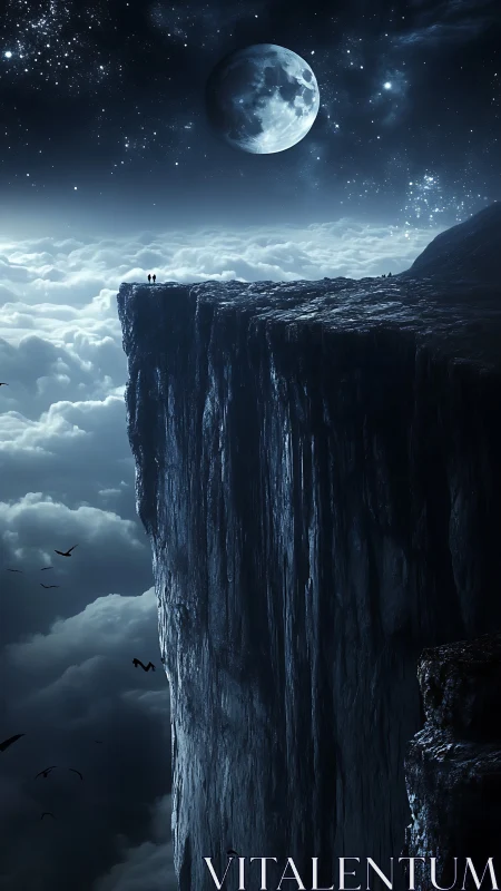 Couple stands on sheer cliff above clouds under full moon.