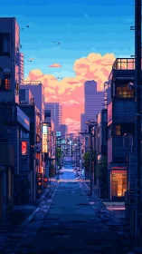 Pixel-art urban alley at dusk with neon signage and clouds