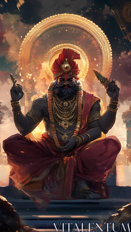 Divine warrior deity in aureate mandala-lit digital throne.