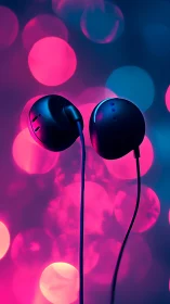 Neon-lit wired earbuds float amid glowing bokeh orbs.