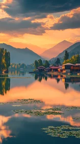 Mountain lake sunset with houses and cloud reflections.