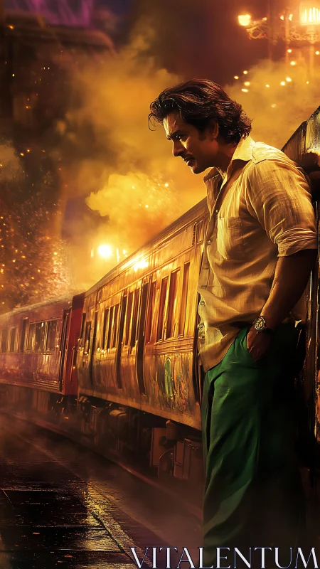 Man standing by train at night on misty platform.