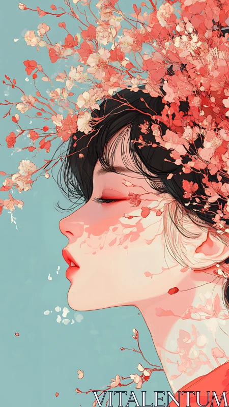Profile of young woman with floral branches integrated