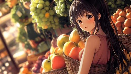 Anime girl in market aisle with baskets of assorted fruit.
