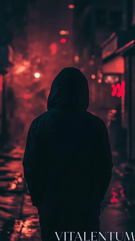 Hooded figure in neon lit alley at night with red haze.