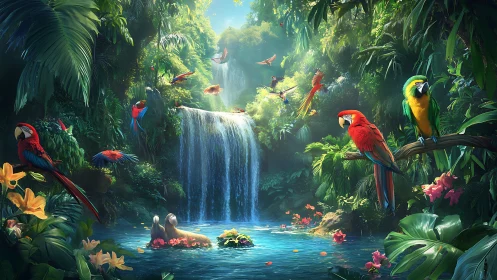 Colorful parrots gather by a dreamy jungle waterfall.
