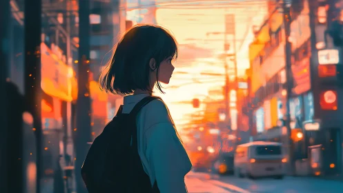 Teen girl with backpack in glowing city sunset street.