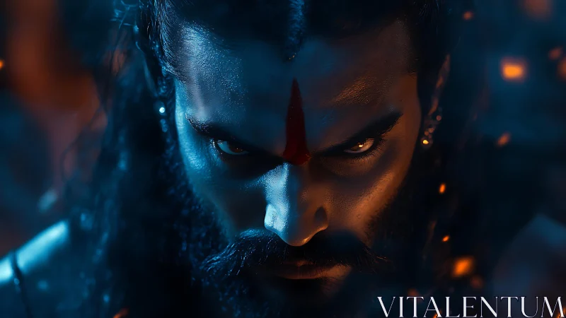 Intense warrior gaze glowing through embers and shadow.