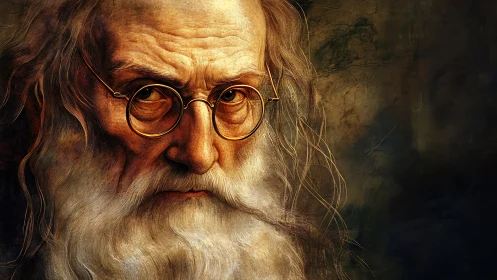 Elderly scholar portrait with gold spectacles and textured beard