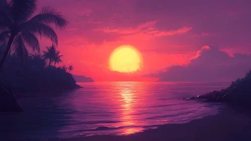 Sunset paints tropical shores in glowing neon hush