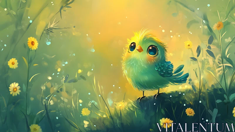 Cute fluffy blue bird in magical forest, digital illustration.