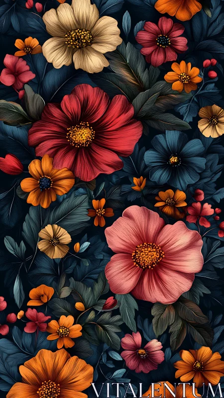 Botanical Cosmos: Layered Floral Composition Against Dark Ground.