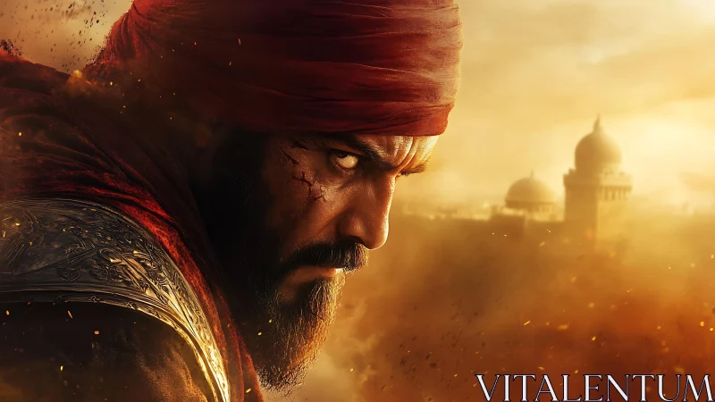 Battleworn warrior in red turban against hazy domed skyline