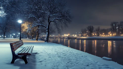 Nocturnal riverside park under snow with mixed urban lighting.