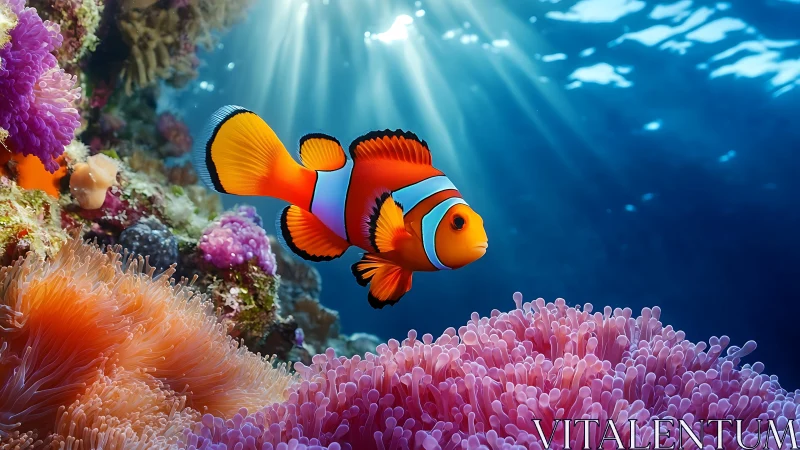 Clownfish illuminated by volumetric godrays over dense coral anemone