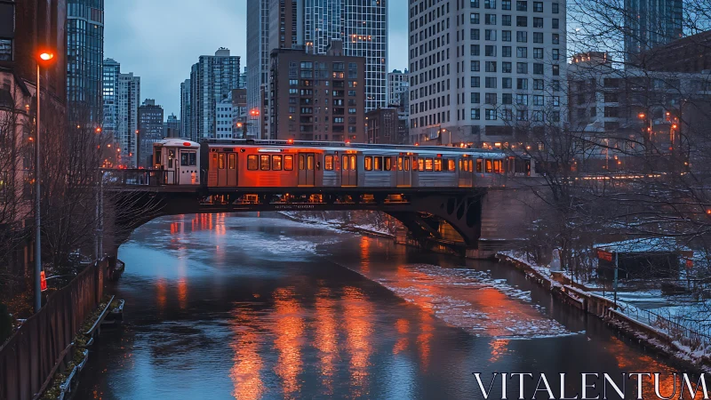 Orange train lights glow over icy river in winter cityscape.