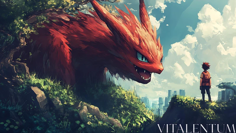 Young explorer meets a gentle fiery beast above the city.