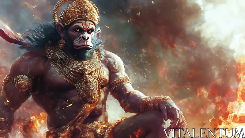 Fire crowned warrior monkey sits calm within storming blaze