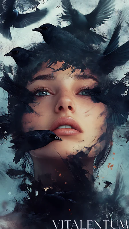 Surreal portrait merges woman face with swirling black crows.