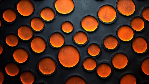 Glowing Orange Circles on Black Abstract Background, Modern Art.
