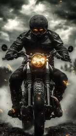 Armored rider on retro scrambler in stormlit cinematic charge