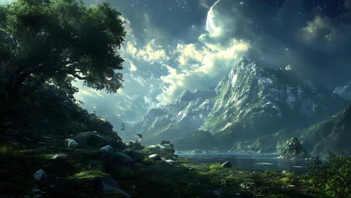 Moonlit mountain valley where starlight brushes the lake.