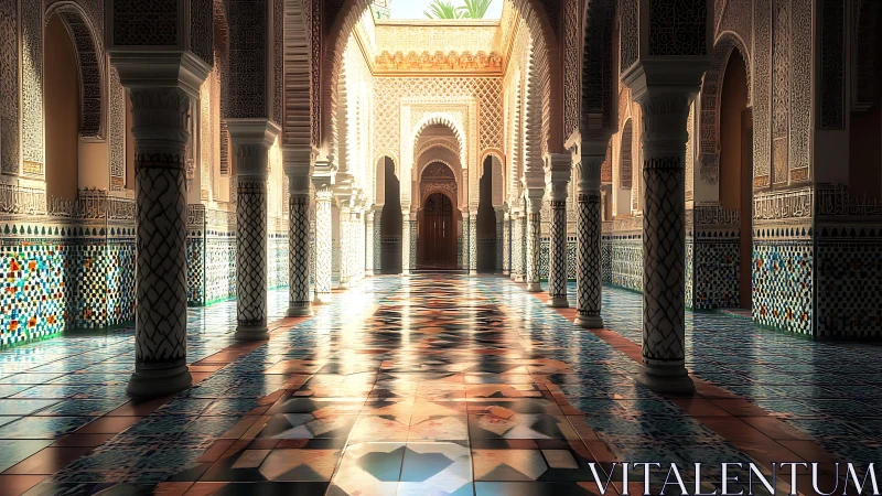 Sunlit mosaic arcade catches whispered footsteps in marble