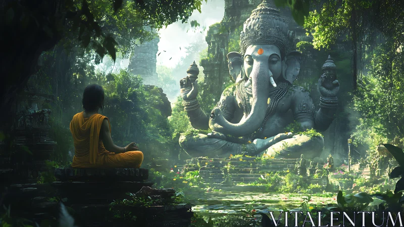 Meditating monk before colossal Ganesha in jungle ruins.