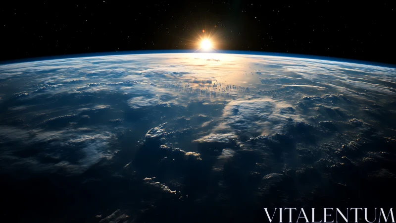 Sunrise over Earth&rsquo;s curved horizon from outer space.