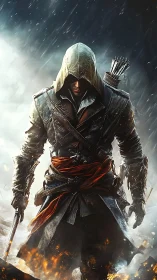 Hooded warrior strides through storm and fire with quiet resolve