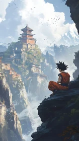 Solitary monk overlooks misty mountain temple citadel.