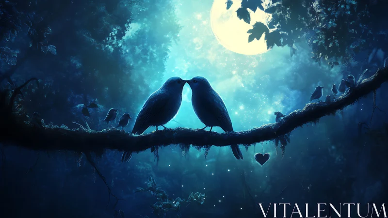 Two Birds Share a Moonlit Moment of Love