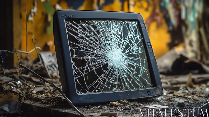 Broken CRT monitor with spiderweb cracks in abandoned room
