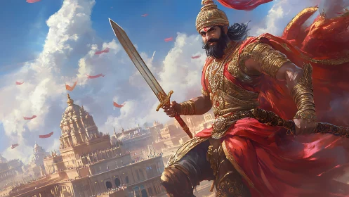 Epic warrior king guards a golden temple city skyline.
