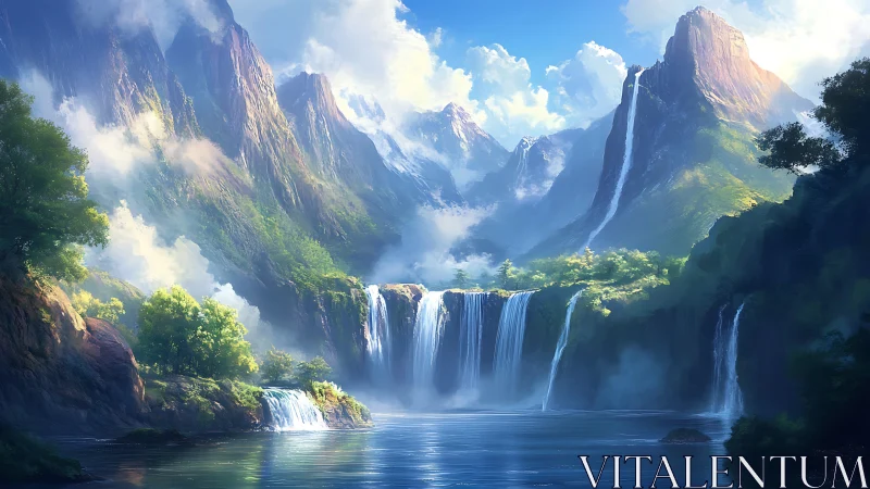 Sunlit mountain waterfalls in a dreamy hidden valley.