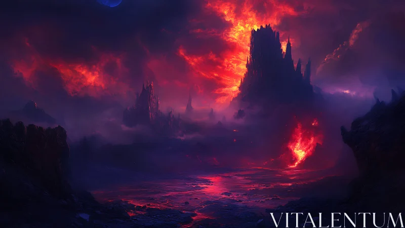 Volcanic infernal citadel under crimson storm-lit skies