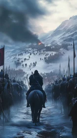 Snowbound army advances toward a burning mountain stronghold